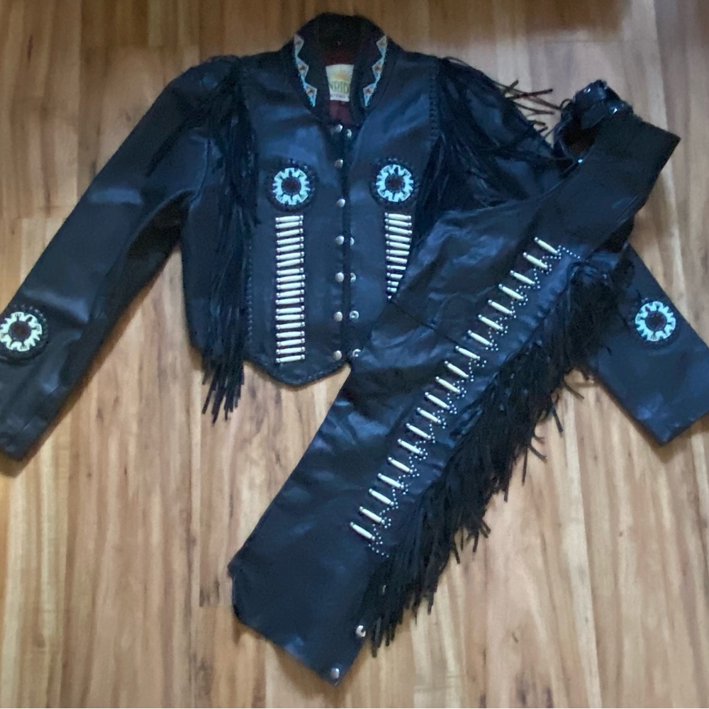 Vintage Sunriders Hand-Beaded Native Genuine Leather Fringe Jacket & Chaps